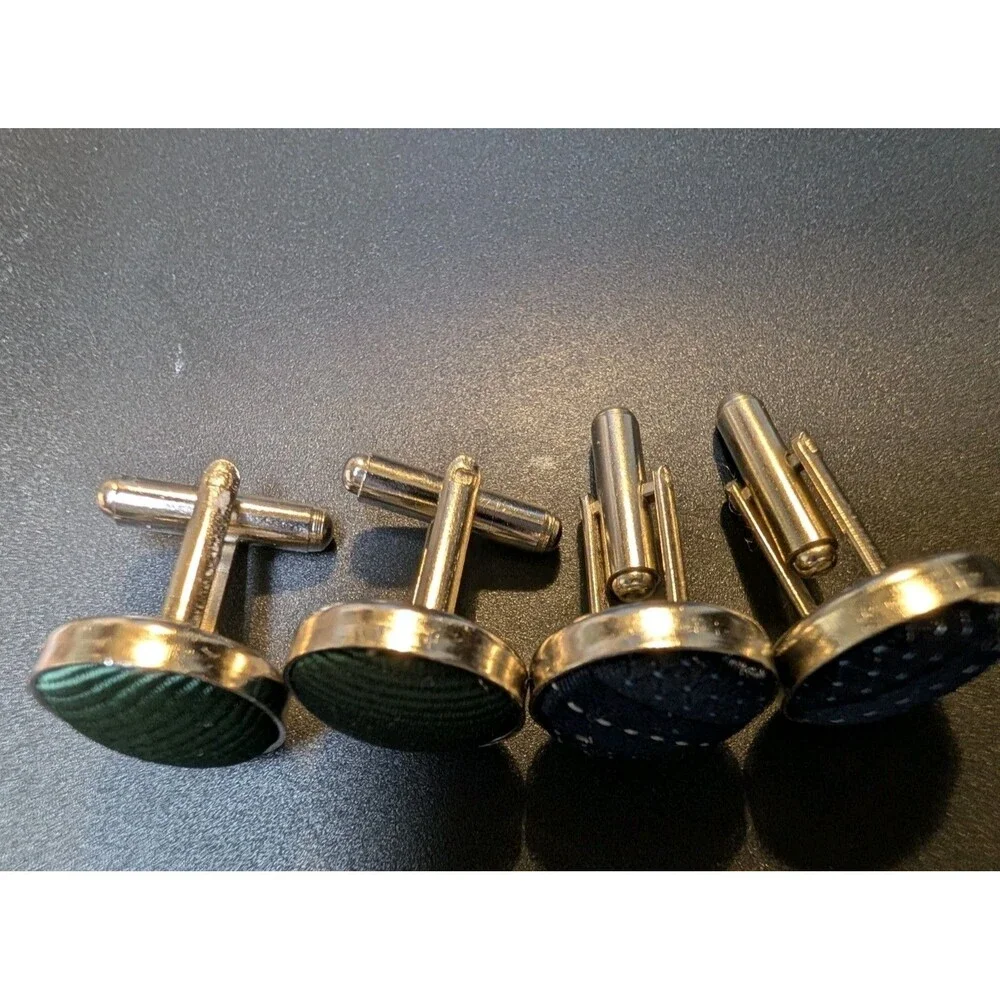 Fabric Covered Cufflinks Lot of 2 Round Vintage Look Green Plaid Blue Pattern